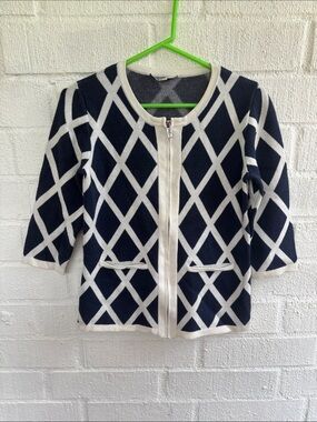 Liz Claiborne Nautical Navy & White Diamond Knit Zip Up Cardigan sz XXS